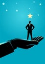 Giant hand lifting up a businessman to the stars