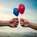 Giant hands holding small balloons with a faint city background