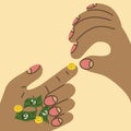 Giant hands holding tiny gold coins. Giant\'s hands. The concept of business, shop, money, salary.
