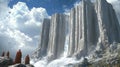 giant harp shaped altar suspends between two floating mountains creating celestial melody wind. Priests and monks