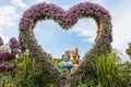 Giant heart decorated with flowers in botanical Dubai Miracle Garden with different floral fairy-tale themes in Dubai city, United