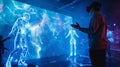 Giant holographic players battling each other in a virtual reality game fans watching in awe as the virtual world comes