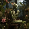 Giant humanized praying mantis sitting in blossom garden. Parallel worlds. Aliens. AI generated art. Concept of univers, life,