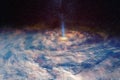 Giant hurricane from the space with light beam from the milky way. Royalty Free Stock Photo