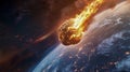 Giant incandescent asteroid is approaching blue planet and begins to burn in dense layers of atmosphere. Celestial body