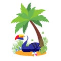 Giant inflatable Blue Tucan on the sunny beach. Pool float toy, ball and palm tree. Summer holidays. Sunny days