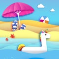 Giant inflatable Fantasy Unisorn in paper cut style. Beach Parasol - umbrella. Origami Pool float toy on the sunny beach Royalty Free Stock Photo