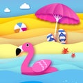 Giant inflatable pink flamingo in paper cut style. Beach Parasol - umbrella. Origami Pool float toy on the sunny beach Royalty Free Stock Photo