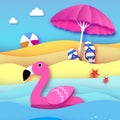 Giant inflatable pink flamingo in paper cut style. Beach Parasol - umbrella. Origami Pool float toy on the sunny beach Royalty Free Stock Photo