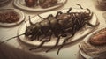 Giant insect dish with antennae and some broken legs. Illustration Generative AI (Real 300 DPI).