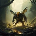 a giant insect with wings on the ground next to rocks