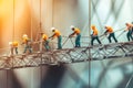 A giant, interconnected bridge being constructed by a group of builders working together, Generated AI