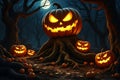 Giant Jack-o\'-Lantern Perched on a Tree Root Surrounded by Smaller Pumpkins Under a Full Moon in a Dark Forest Royalty Free Stock Photo