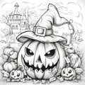 Giant jack-o-lantern pumpkin with witch hat to circle small pumpkins in the background house., Halloween black and white picture