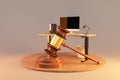 giant judge hammer standing in front of modern pc internet workspace on desk infinite background 3D rendering