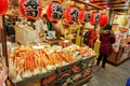 Giant king crab legs and various seafood of Japanese seafood shop and view of foods market