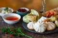 Giant king prawns and selection of mini Chinese dumplings with sweet chili and yogurt dipping sauces
