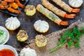 Giant king prawns and selection of mini Chinese dumplings with sweet chili and yogurt dipping sauces