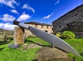 A giant knife in front of the cutlery museum, Museo de la Cuchilleria, Pardinas, Taramundi municipality, Asturias, Spain