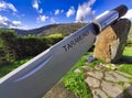 A giant knife in front of the cutlery museum, Museo de la Cuchilleria, Pardinas, Taramundi municipality, Asturias, Spain