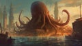 Giant kraken attacking a port city. Fantasy concept , Illustration painting