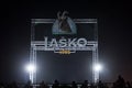 Giant logo of Lasko Pivo Beer on a summer outdoor bar. Royalty Free Stock Photo