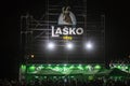 Giant logo of Lasko Pivo Beer on a summer outdoor bar. Lasko is a Slovenian light lager beer, the biggest producer of Slovenia