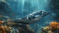 Giant manta ray soaring elegantly over sunlit coral reef in stunningly detailed photorealistic image