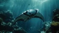 Giant manta ray soaring over sunlit coral reef with glistening skin in photorealistic image Royalty Free Stock Photo