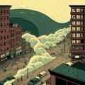 giant marine tsunami destroying a city