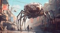 A giant mechanical spider walking through a city. Fantasy concept , Illustration painting