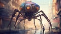 A giant mechanical spider walking through a city. Fantasy concept , Illustration painting