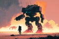 giant mechs clashing in a post-apocalyptic wasteland digital art poster AI generation Royalty Free Stock Photo
