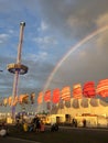 Rainbow and view tower over Pukkelpop rock festival, Belgium