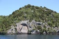 The giant Mine Bay Maori rock carving of Ngatoroirangi on Lake Taupo, New Zealand