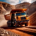 Giant mining truck carrying rocks and ore through quarry mine area Royalty Free Stock Photo