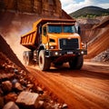 Giant mining truck carrying rocks and ore through quarry mine area Royalty Free Stock Photo