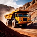 Giant mining truck carrying rocks and ore through quarry mine area Royalty Free Stock Photo