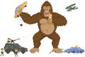 Giant monkey in pixel game layout design. King kong attacked by military in combat vehicle