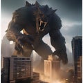 Giant monster rampage, Colossal monster wreaking havoc upon a city skyline with skyscrapers crumbling under its massive weight3