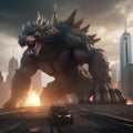 Giant monster rampage, Colossal monster wreaking havoc upon a city skyline with skyscrapers crumbling under its massive weight2