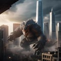 Giant monster rampage, Colossal monster wreaking havoc upon a city skyline with skyscrapers crumbling under its massive weight1 Royalty Free Stock Photo