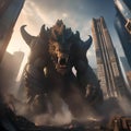 Giant monster rampage, Colossal monster wreaking havoc upon a city skyline with skyscrapers crumbling under its massive weight4
