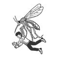 Giant mosquito kidnaps human sketch engraving