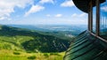 Giant Mountains, mountain panorama from the hiking trail to the top of Sniezka. View of the vast mountain slopes and trails Royalty Free Stock Photo