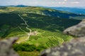 Giant Mountains, mountain panorama from the hiking trail to the top of Sniezka. View of the vast mountain slopes and trails Royalty Free Stock Photo