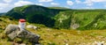 Giant Mountains, mountain panorama from the hiking trail to the top of Sniezka. View of the vast mountain slopes and trails Royalty Free Stock Photo