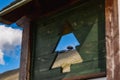 Observatory at the peak of Snezka mountain seen through tree shaped hole in wooden