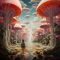 Giant mushrooms forest fantasy world. Magic fairytale. Girl entering wonderland. AI Generated