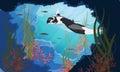 A giant oceanic manta ray swims into an underwater cave with a tropical coral reef with algae and colorful tropical fish. Manta ra